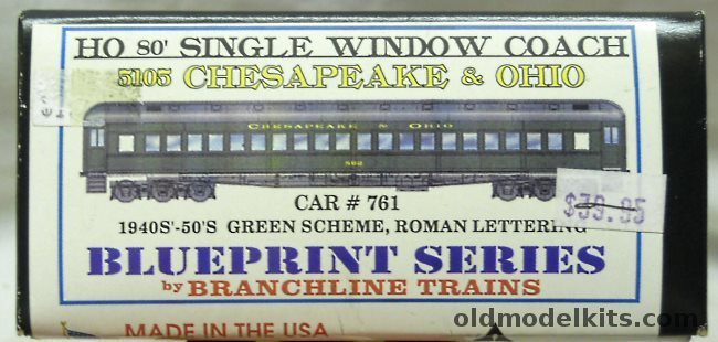Branchline Trains 1/87 Blueprint Series HO Heavyweight Passenger Coach 80 Foot Single Window Chesapeake & Ohio (C&O) Car #761 1940s/1950s, 5105-761 plastic model kit